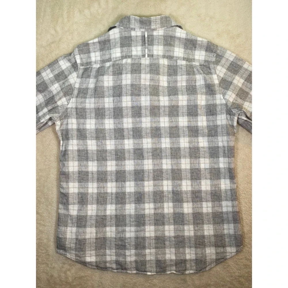 Banana Republic Mens Grey White Plaid Linen Cotton Button Down Shirt L 16-16.5